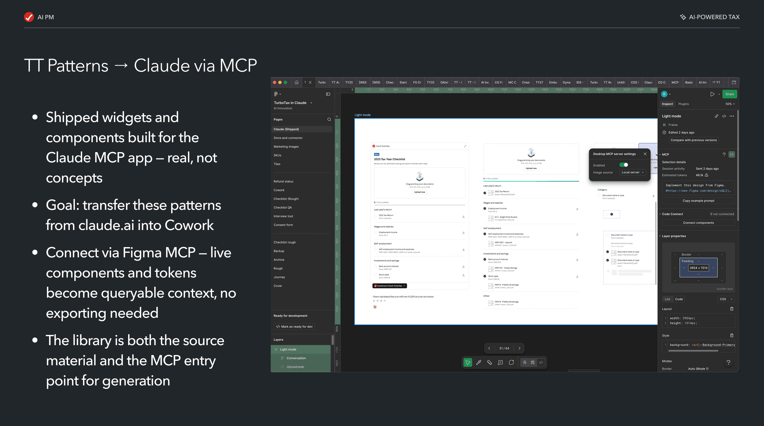 TurboTax patterns connected to Claude via Figma MCP — the design library as source material and generation scaffold