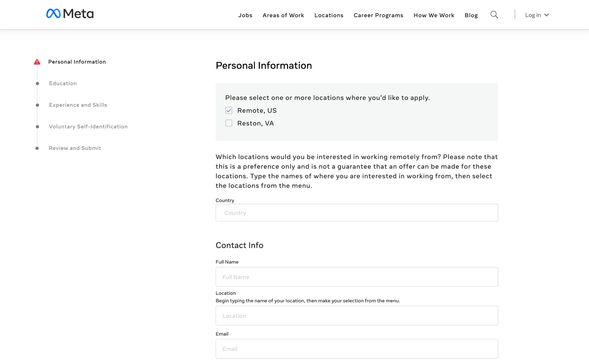 The existing public Meta Career Site job search