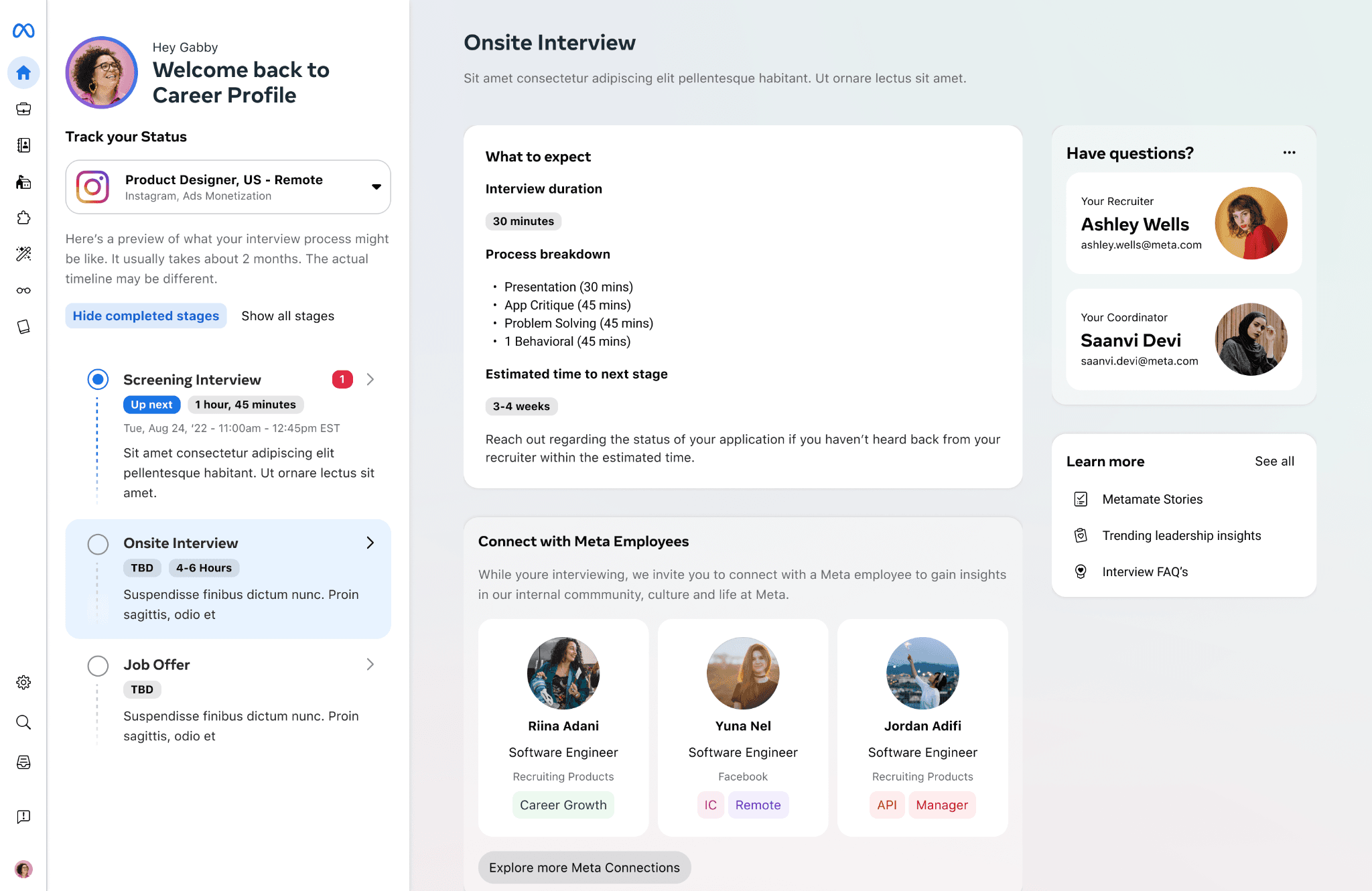 Career Profile home with a future interview stage selected