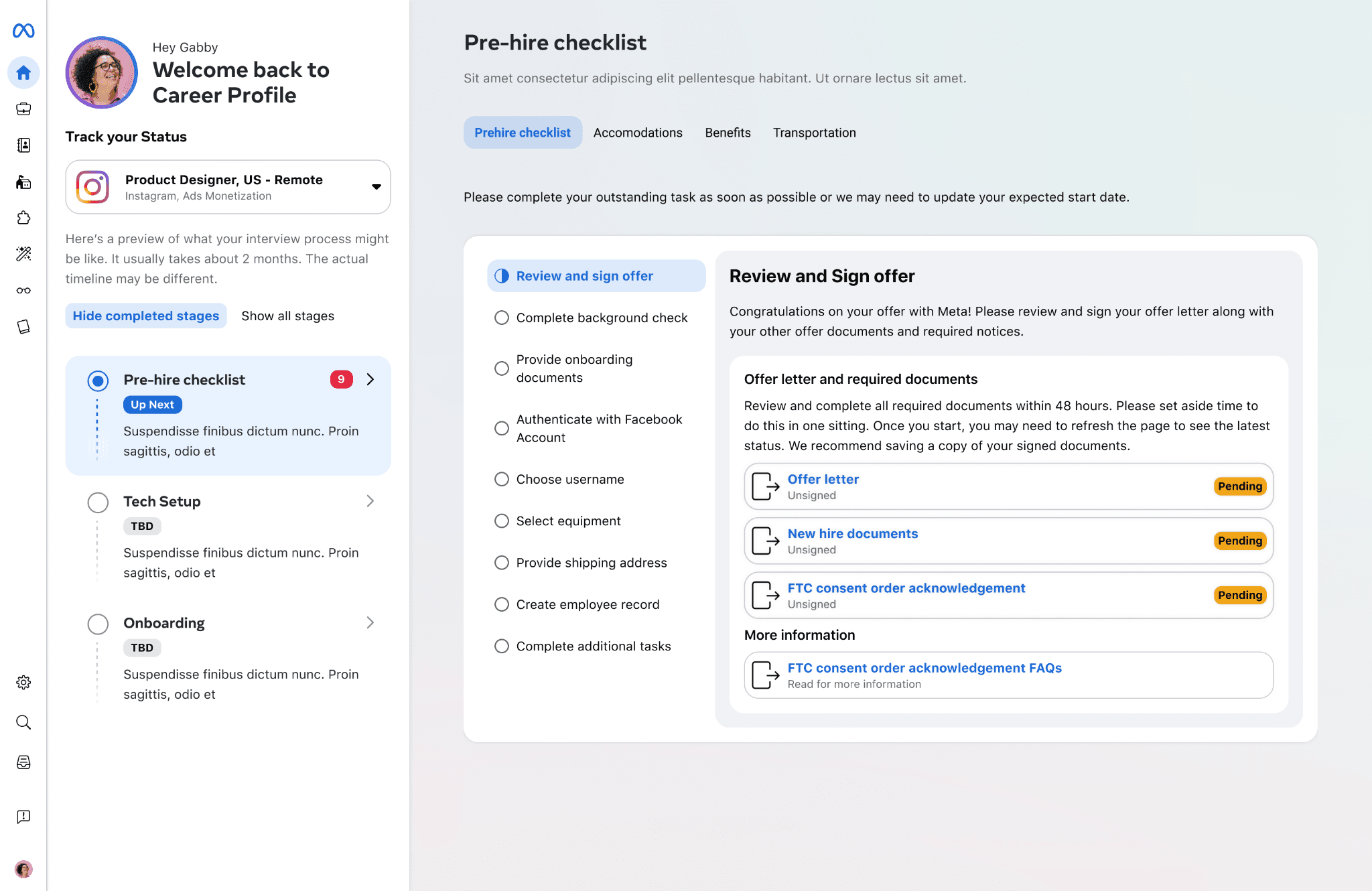The pre-hire checklist, shown after the offer has been accepted
