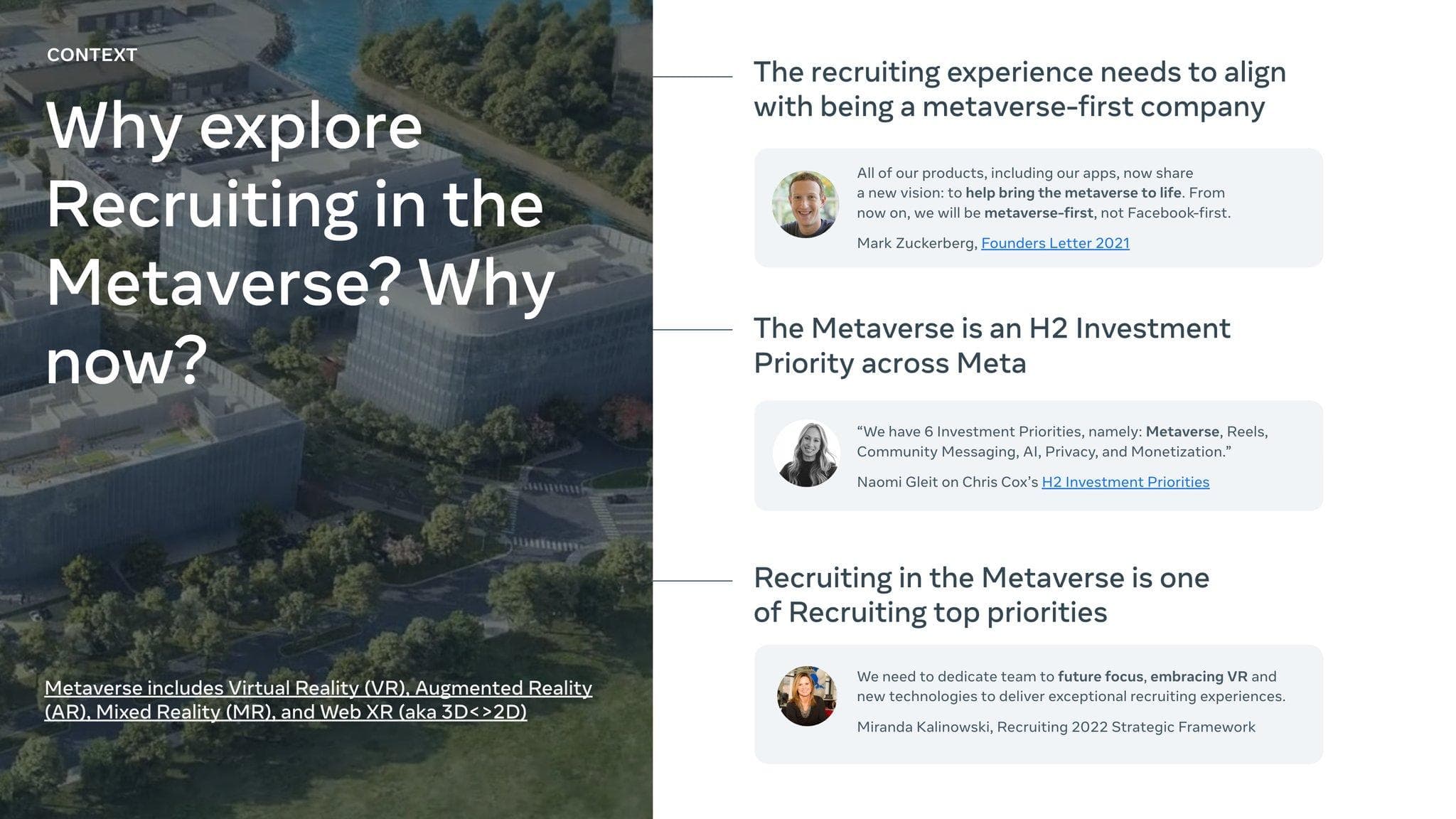Slide explaining why Recruiting should explore the metaverse now