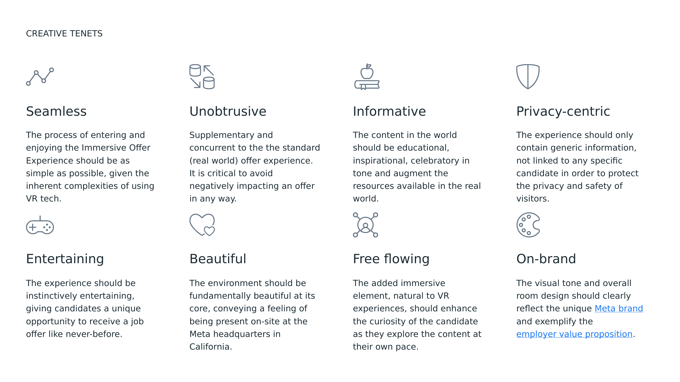 The eight creative tenets from the Immersive Offers creative brief