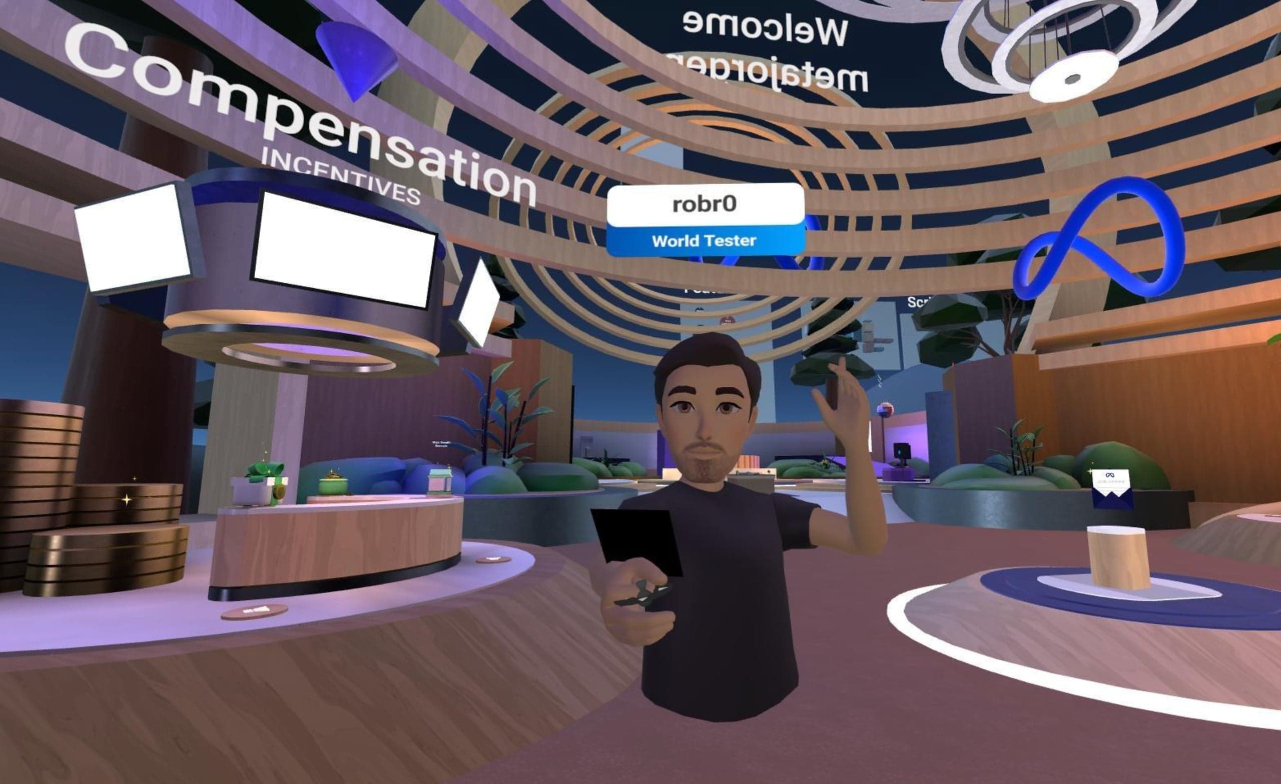 My avatar taking a selfie in the world, standing between the Compensation booth and the central stage