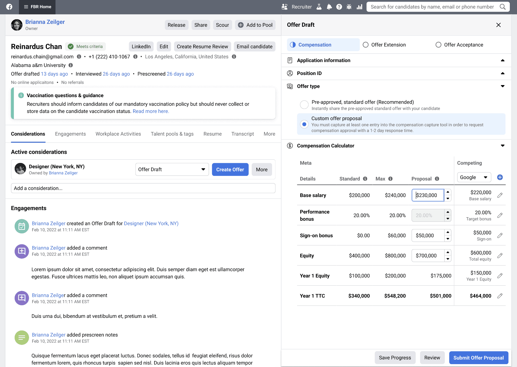 Structured compensation data displayed in the ATS offer draft