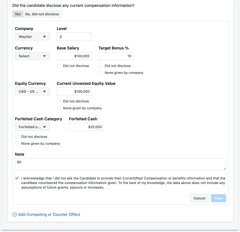 The old compensation capture form, with unvalidated fields
