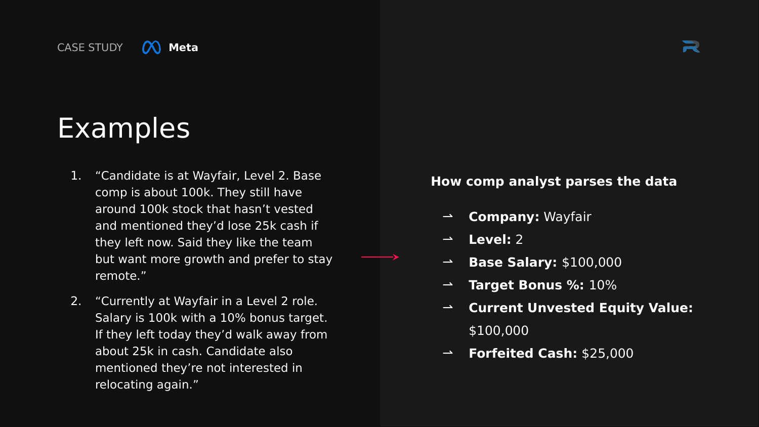 Two free-text candidate descriptions beside the structured fields extracted from them