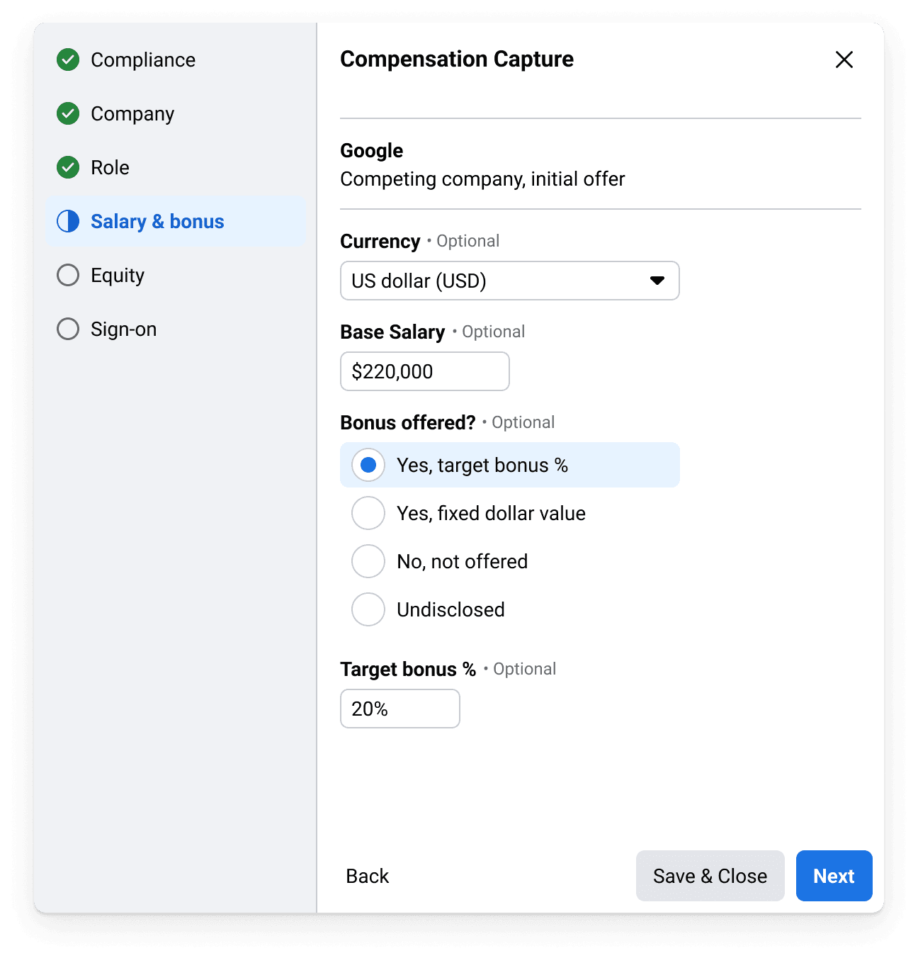 Salary and bonus capture step, with validated inputs