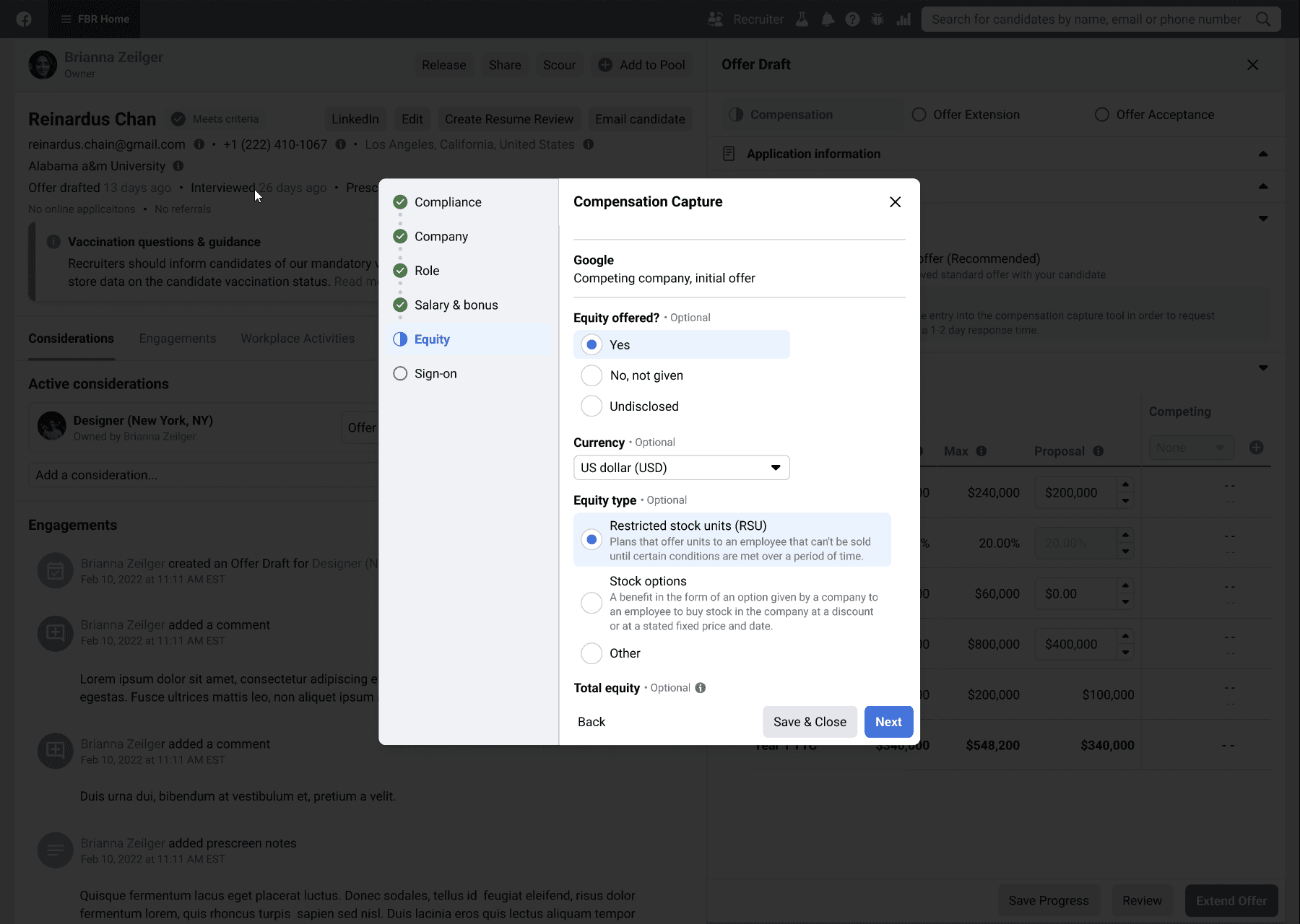 Compensation definitions and sub-labels embedded in the capture UI