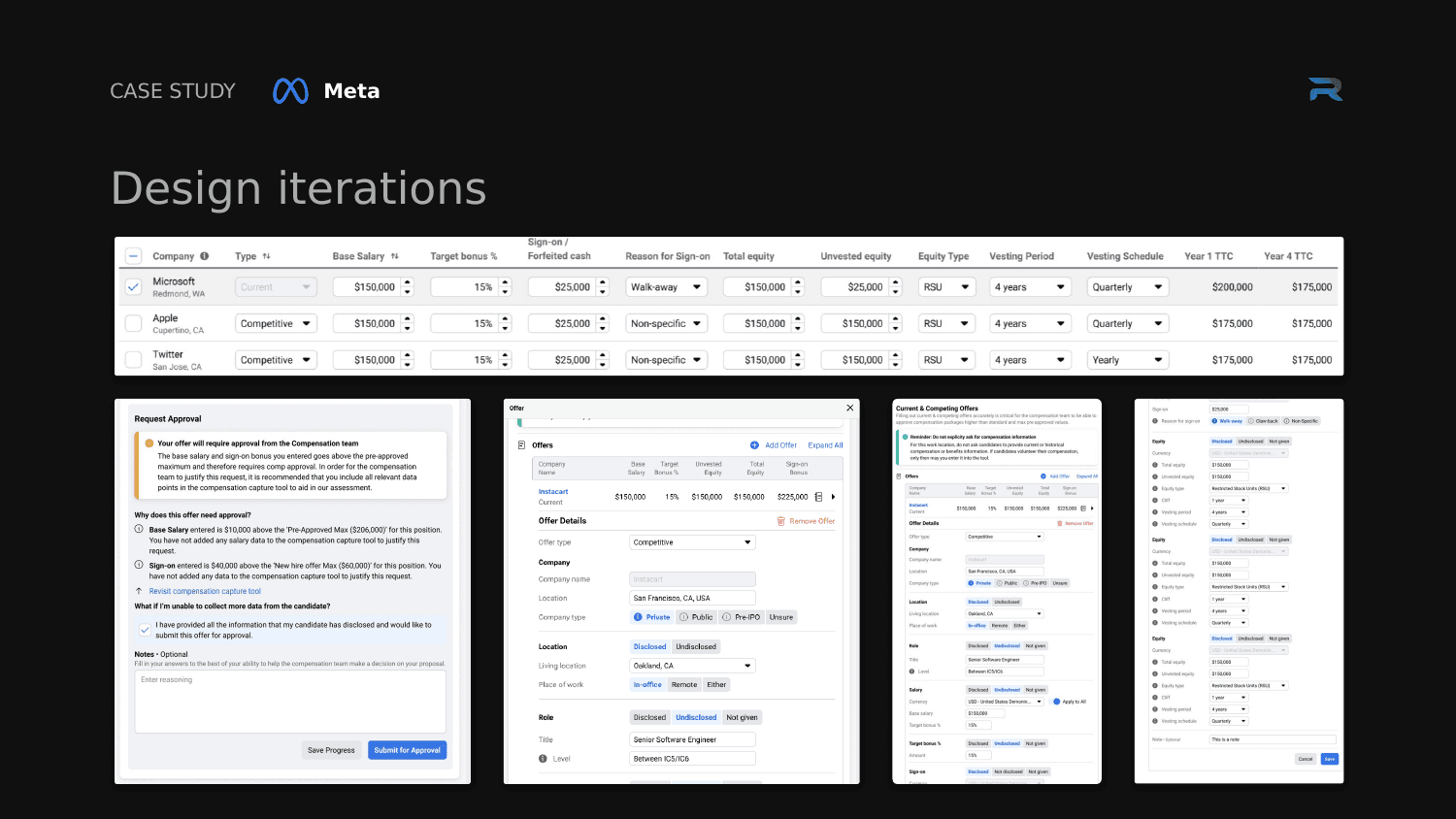 Composite of design iterations, from a dense capture table to a guided flow