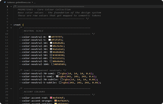 Primitive tokens exported as CSS variables