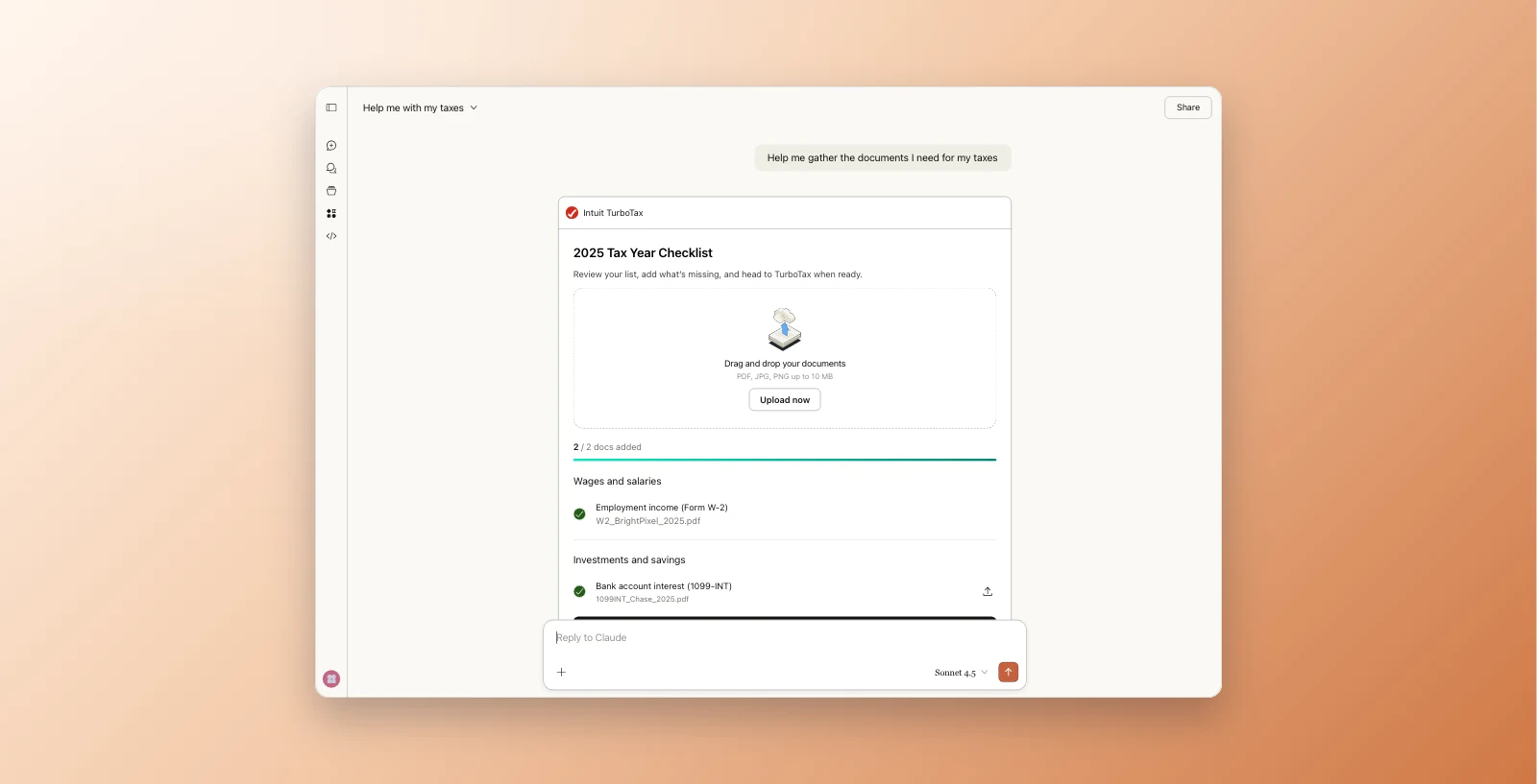 A Claude conversation where TurboTax returns a 2025 tax year checklist, with a drop zone for documents and the wage and investment forms already gathered.