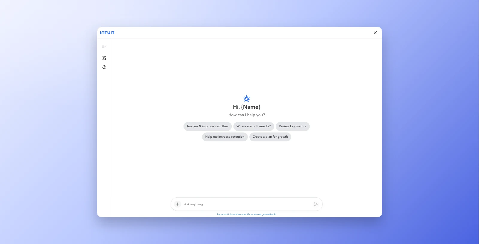 Intuit's assistant open full screen, offering starter prompts about cash flow, bottlenecks and growth above an ask-anything composer.