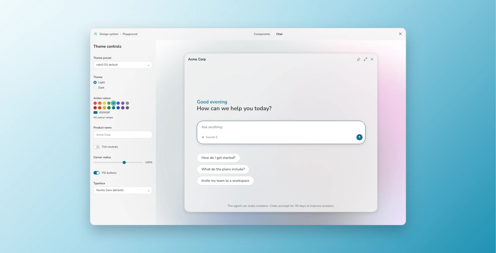 This site's playground, with theme controls for action colour, corner radius and typeface down the left of a live chat preview.