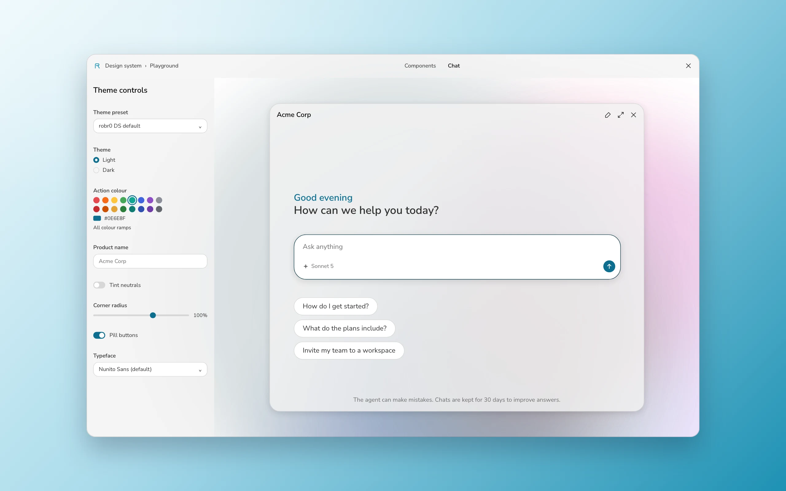 This site's playground, with theme controls for action colour, corner radius and typeface down the left of a live chat preview.