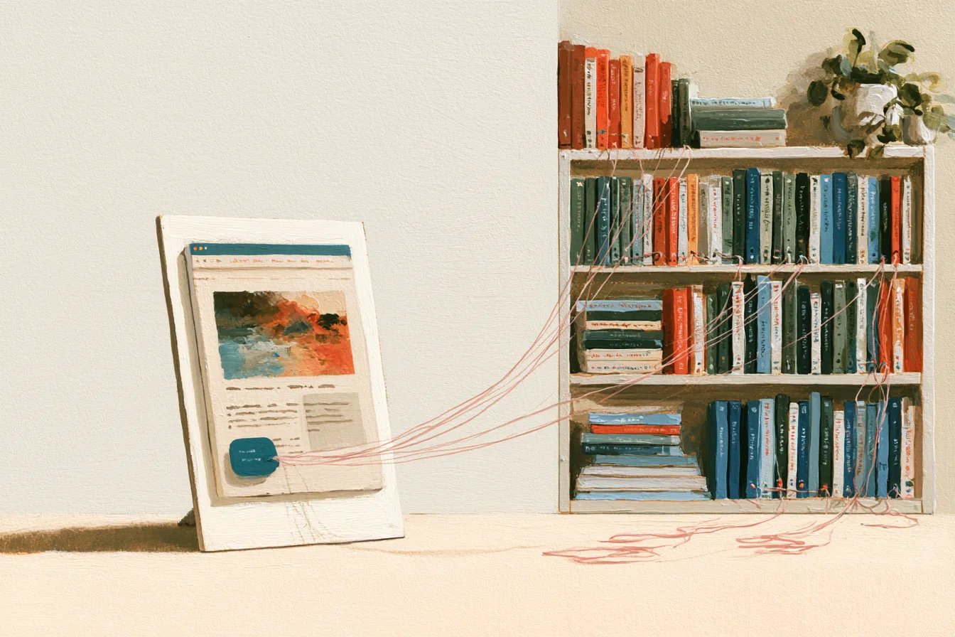 A website page standing upright with a teal chat bubble on it, threads running from the bubble back to a bookshelf.