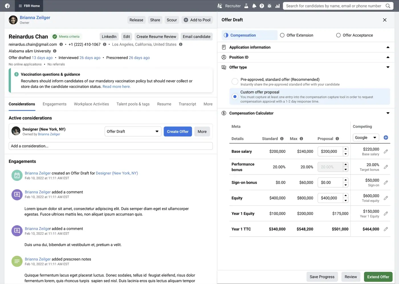 Competing data validated against the compensation proposal
